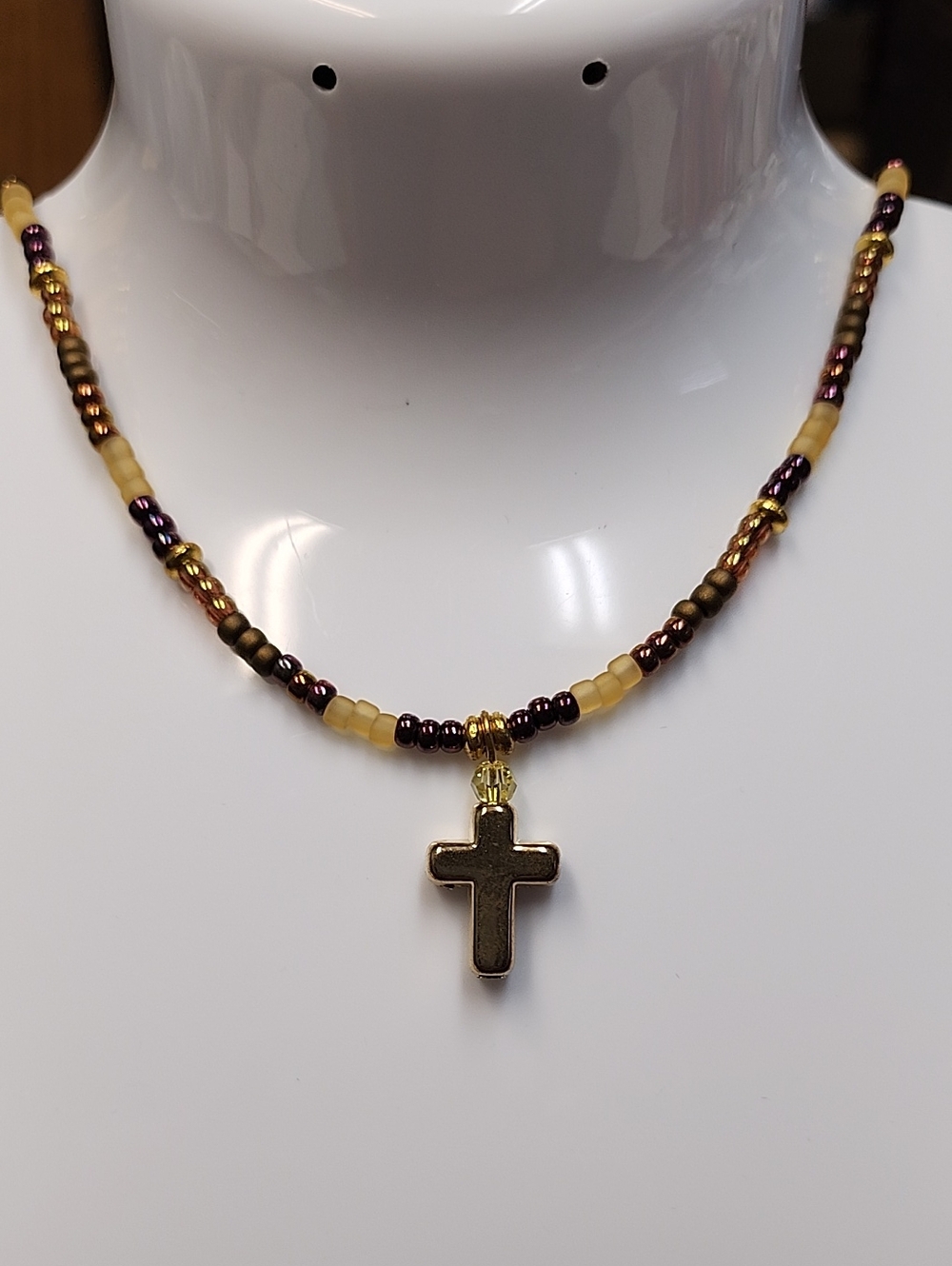 Beaded Cross Necklace in Gold and Brown!